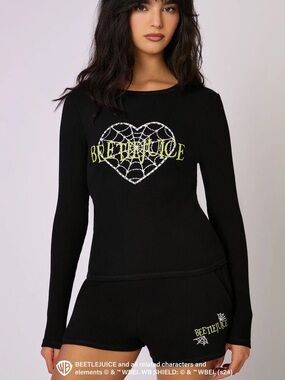 Forever 21 Beetlejuice Black Waffle Knit Top & Shorts 2-Pc Set Long Sleeve M